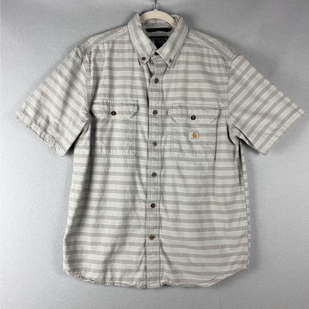 Carhartt Shirt Men Medium Gray Striped Loose Fit Short Sleeve Button Up Workwear